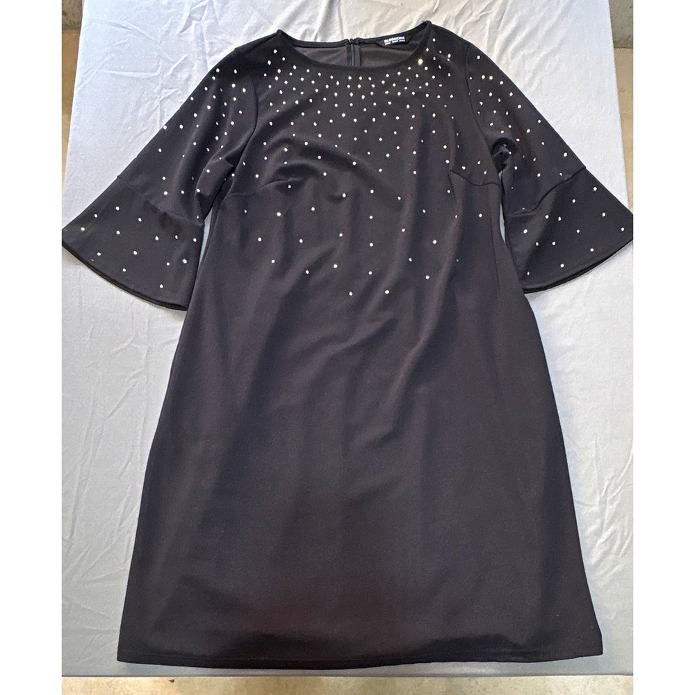 BLOOMCHIC shift dress, black knit polka dot rhinestone 3/4 bell sleeve, 14-16